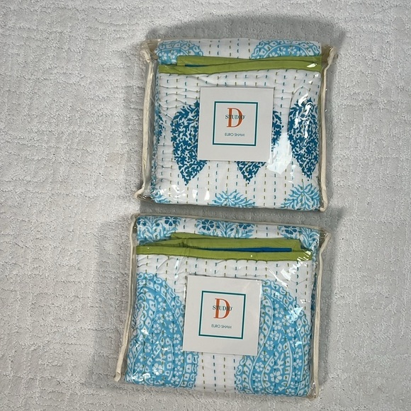 New! Studio D Euro Shams lot of 2 blue white turquoise and lime green - Picture 2 of 8